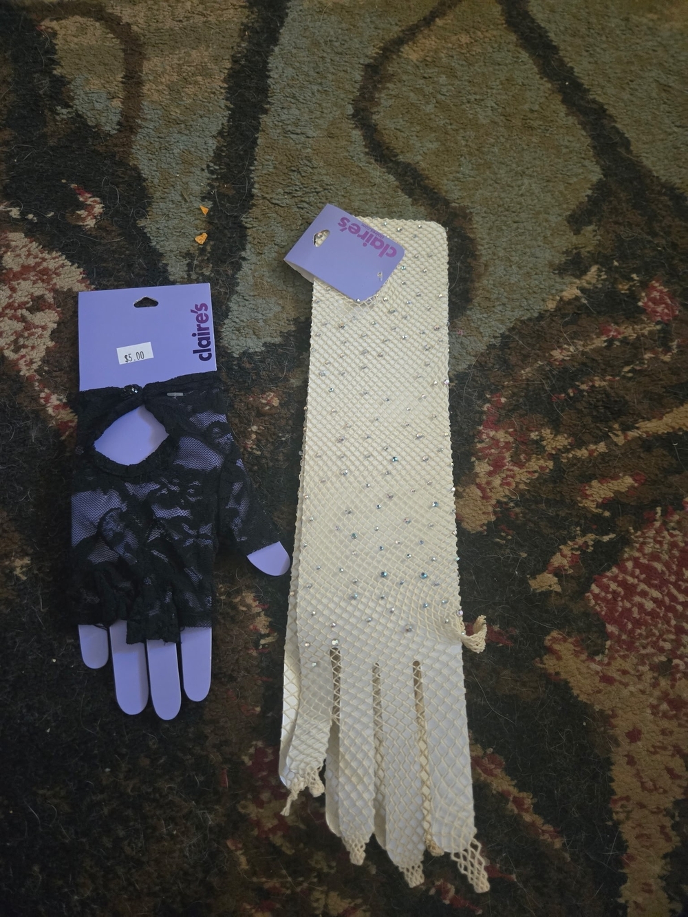 Claire's Black Lace Fingerless Gloves and Cream Beaded Fishnet Opera Gloves